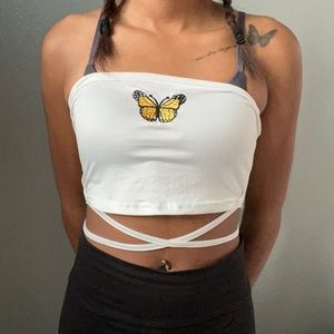 Embroidered Butterfly Graphic Self-Tie Tube Top